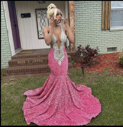 Pink Embellished Mermaid Dress, Sleeveless Dress,Crew neck,Long Prom Dress,Black girl dress,Wedding Dress, Reception Dress,Free Shipping