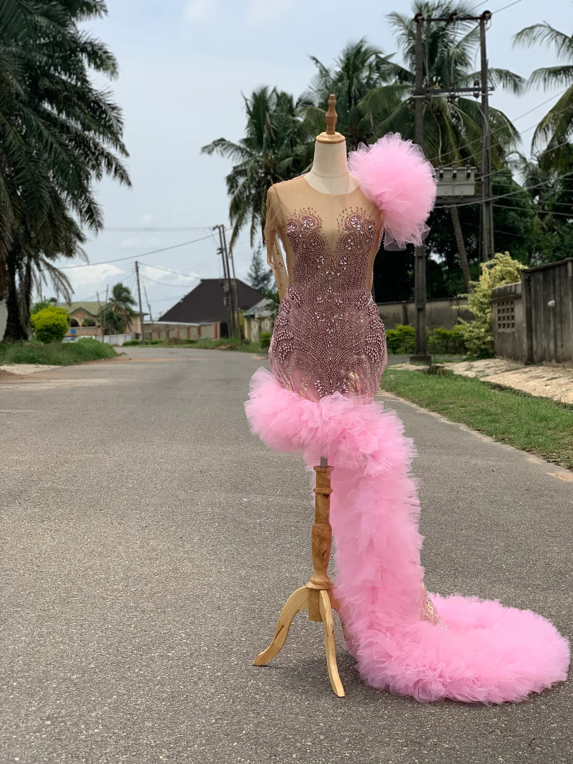 baby pink prom dress, sequins dress, pink mermaid dress, fit and flare prom dress, feathers prom dress