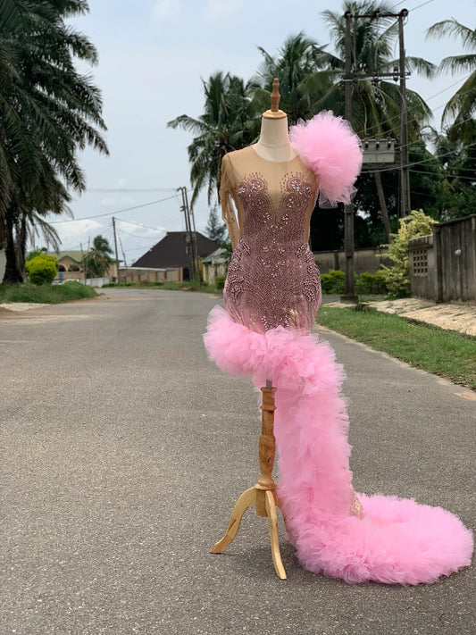 baby pink prom dress, sequins dress, pink mermaid dress, fit and flare prom dress, feathers prom dress