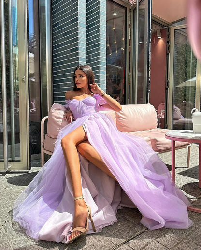 Lavender Off Shoulder prom gown, Thigh Slit prom Dress, tulle evening Dress, Bridesmaid Dress or Graduation Dress, ball gown, Bridesmaid