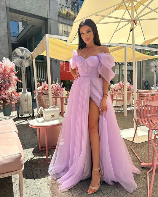 Lavender Off Shoulder prom gown, Thigh Slit prom Dress, tulle evening Dress, Bridesmaid Dress or Graduation Dress, ball gown, Bridesmaid