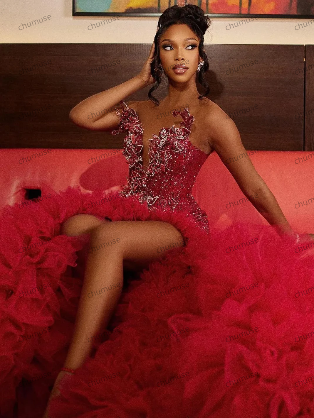 Red elegance African fully beaded women clothing dress,Prom dress, Birthday,Evening dress, Party, ball dress,Wedding guest,Red Carpet dres