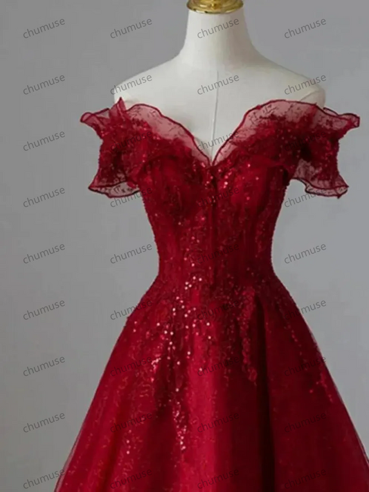 Red Off Shoulder Tulle Evening Dress,Red Prom Dress,Fairy prom dress,Wedding dress,Princess dress,Elegant party dress,Bridesmaid gown,Dress
