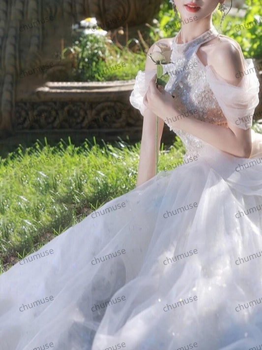 Vestido de baile branco com decote halter, vestido de baile sem alças, vestido de coquetel, vestido de festa à noite, vestido de festa, vestido de baile longo, vestido de aniversário