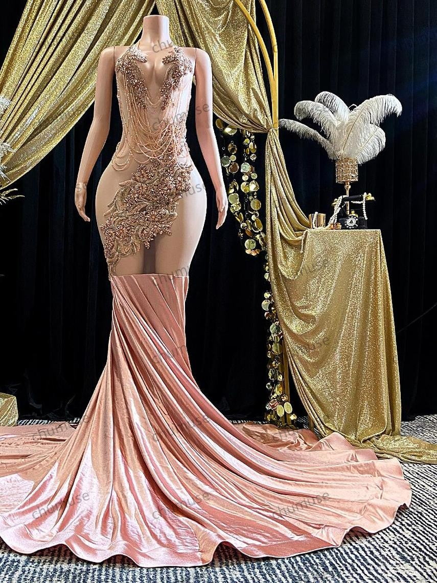 Rose Gold Rhinestone Birthday Dress, Handmade Haute Couture Gown with Crystal Appliqué Embellished Bodice, Formal Special Occasion Gift