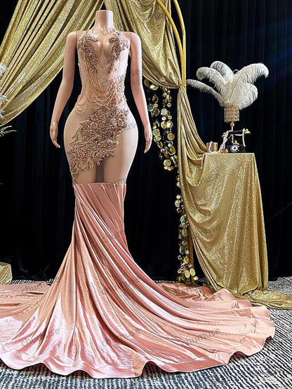 Rose Gold Rhinestone Birthday Dress, Handmade Haute Couture Gown with Crystal Appliqué Embellished Bodice, Formal Special Occasion Gift