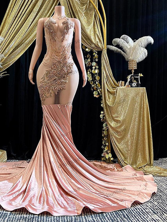 Rose Gold Rhinestone Birthday Dress, Handmade Haute Couture Gown with Crystal Appliqué Embellished Bodice, Formal Special Occasion Gift