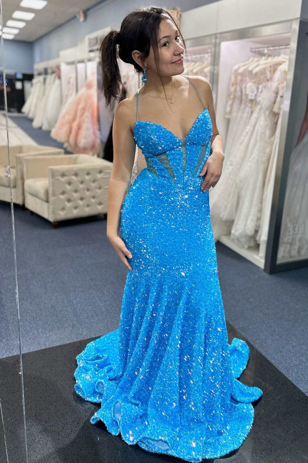 Lace-Up Blue Sequin Mermaid Long Prom Dress – CHUMUSE