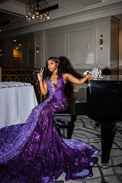 Mermaid V-neck Sequined Floor-length Sleeveless Appliques Lace Prom Dress