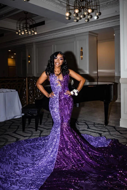 Mermaid V-neck Sequined Floor-length Sleeveless Appliques Lace Prom Dress