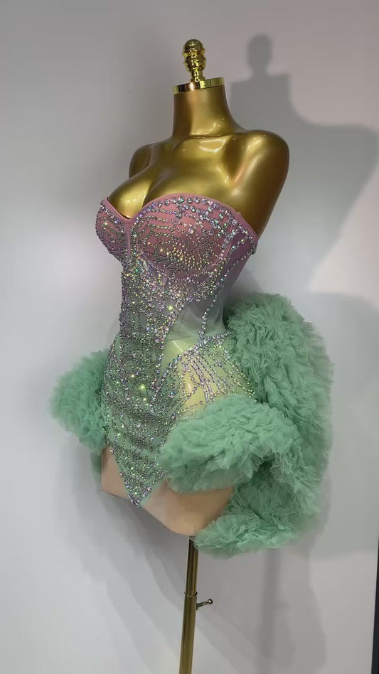 Women Sexy Strapless Backless Green Diamonds Mesh Dress Birthday Party Costume Bar Nightclub Singer Stage Performance Outfit