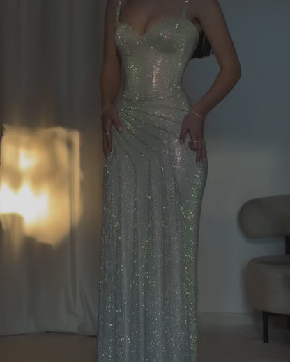 Classic Sliver Tulle Spaghetti Strap Prom Dress Women Graduation Birthday Party Dress