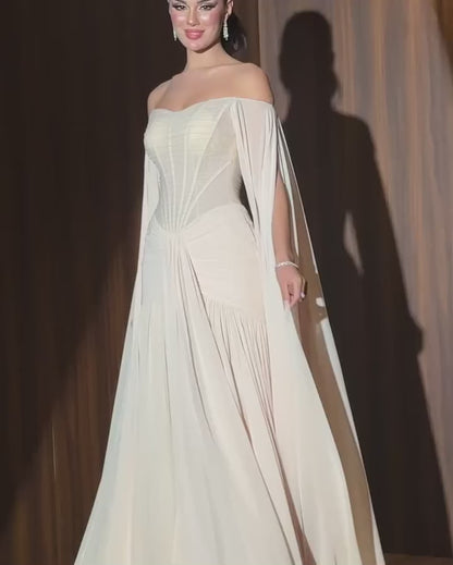 2026 Cream Chiffon A-Line Evening Dress With Cape Sleeves For Women Wedding Party Formal Occasion