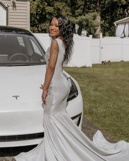 Silver Long Mermaid Sequined Beading Sleeveless Prom Dresses