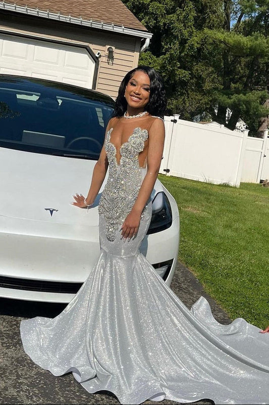 Silver Long Mermaid Sequined Beading Sleeveless Prom Dresses