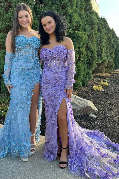 Strapless Floral Lace Mermaid Prom Dress 2025 with Slit & Removable Sleeves