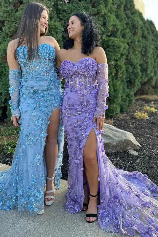 Vestido de fiesta de sirena con encaje floral sin tirantes 2025 con abertura y mangas extraíbles