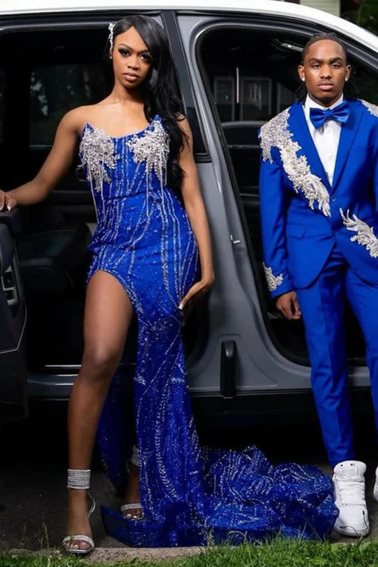 Vestidos de fiesta de sirena con abertura alta, sin tirantes, azul real y cuentas plateadas