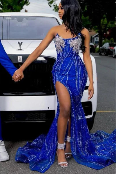Vestidos de fiesta de sirena con abertura alta, sin tirantes, azul real y cuentas plateadas