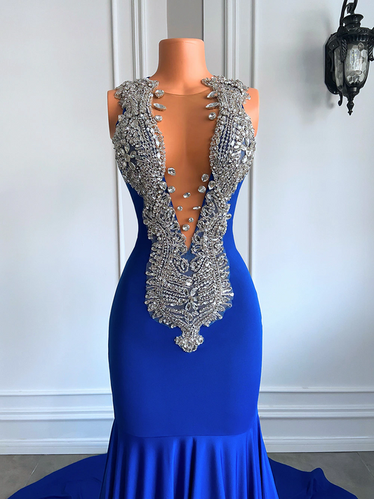 Vestidos longos e elegantes para baile, estilo sereia, luxuosos, brilhantes, com diamantes, azul royal, elastano, preto, para meninas, baile de gala