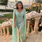 Vestido de fiesta de noche largo de tul transparente con hombros descubiertos, volantes y princesa, color verde