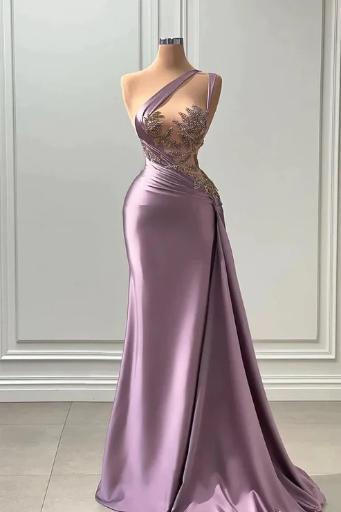 Vestido de festa longo e elegante, linha A, um ombro, sem mangas, com apliques