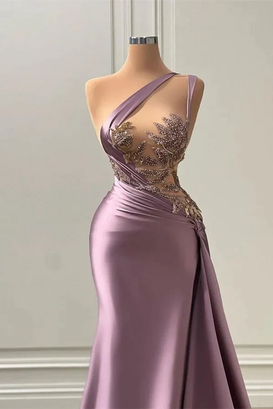 Elegante vestido de fiesta largo de corte A con un hombro al descubierto, sin mangas y apliques