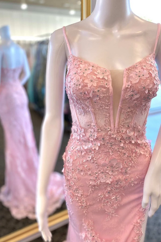 Vestido de fiesta largo estilo sirena con tirantes de encaje floral rosa