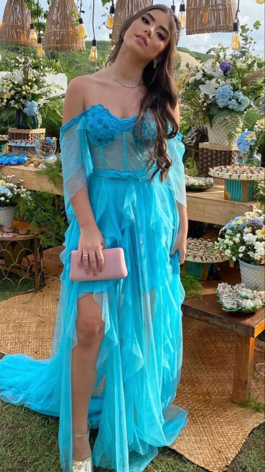 Vestido de fiesta largo azul con hombros descubiertos, encantador vestido de noche azul