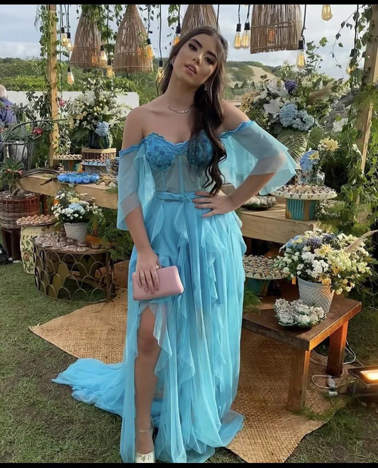 Vestido de fiesta largo azul con hombros descubiertos, encantador vestido de noche azul