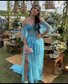 Robe de bal longue bleue à épaules dénudées, charmante robe de soirée bleue