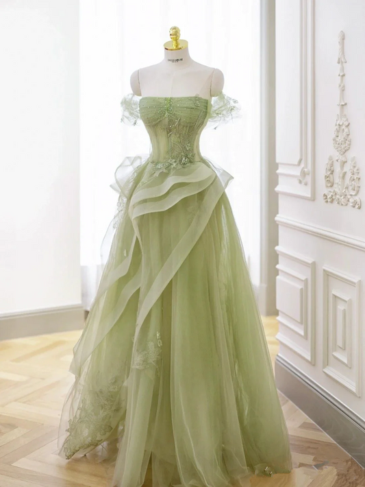 Vestido de baile de tule verde sálvia, vestido de baile de tule em corte A