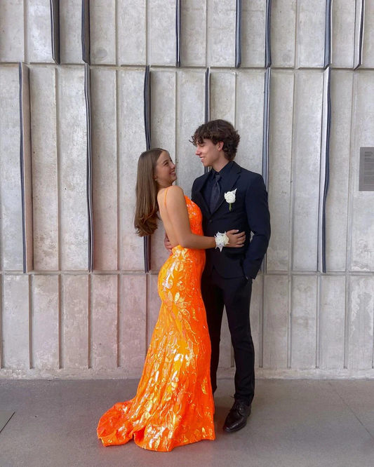 Vestido de fiesta naranja sin espalda, vestido de fiesta naranja de corte sirena