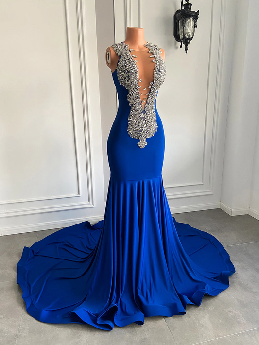 Vestidos longos e elegantes para baile, estilo sereia, luxuosos, brilhantes, com diamantes, azul royal, elastano, preto, para meninas, baile de gala
