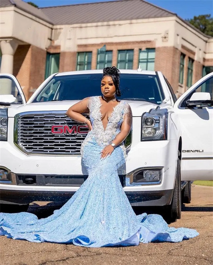 Sky Blue Sheer O Neck Long Prom Dress For Black Girls Appliques Birthd CHUMUSE Sky Blue Sheer O Neck Long Prom Dress For Black Girls Appliques Birthd CHUMUSE