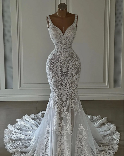 Elegant Full Lace Mermaid Wedding Dresses V Neck Lace Appliqued Country Bridal Party Gowns
