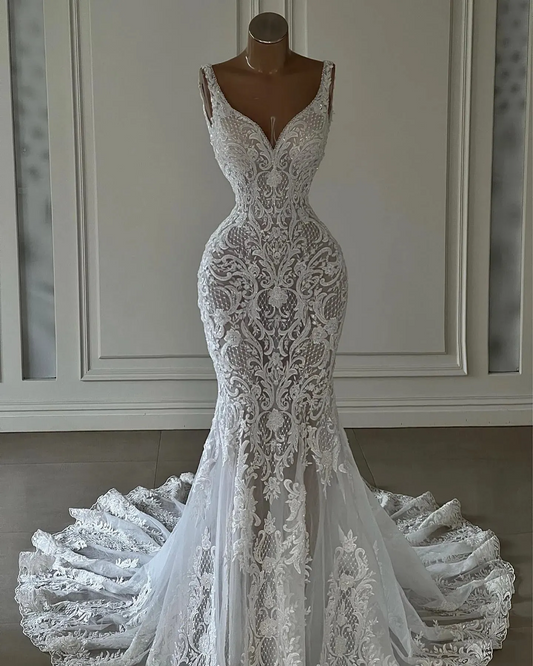 Elegantes vestidos de novia de sirena con encaje completo y escote en V con apliques de encaje para fiesta de novia campestre 