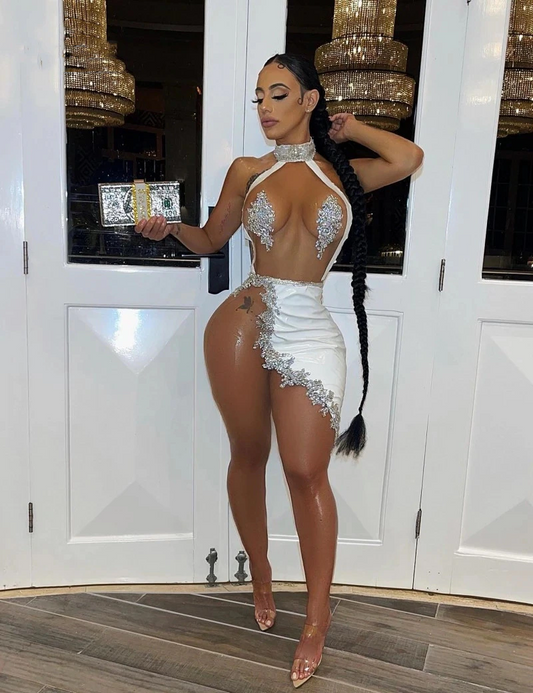 Vestidos de cóctel blancos transparentes y sexys con apliques, espalda descubierta, negros, para niñas, para cumpleaños y graduación 