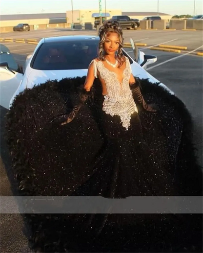 Elegant Black Sequins Long Mermaid Prom Dress For Black Girls With Feathers Sparkly Sequined Beaded Tassel Birthday Party Gowns