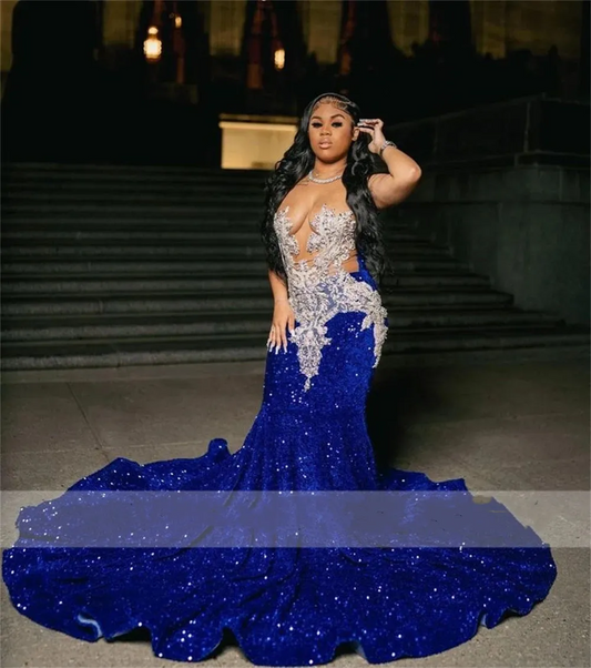 Vestidos de baile estilo sereia com lantejoulas azul-royal e decote transparente, tamanhos grandes, vestidos formais para ocasiões noturnas e baratos