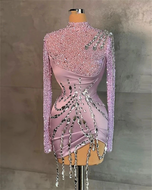 Vestido de fiesta corto rosa de cuello alto para niñas negras, vestido de fiesta de cumpleaños con cuentas de cristal, vestido formal de manga larga, vestido de sirena 