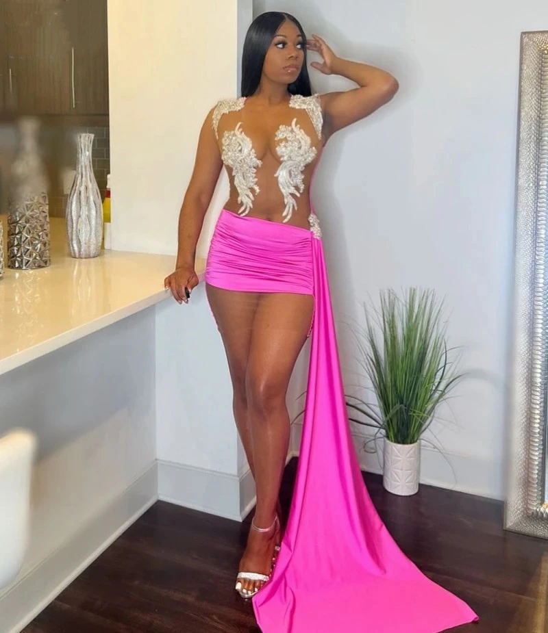Vestidos de cóctel transparentes en rosa intenso para mujer, vestidos de fiesta cortos con apliques de cuentas y cuello transparente para niñas, vestido de cumpleaños 