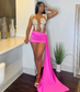 Vestidos de cóctel transparentes en rosa intenso para mujer, vestidos de fiesta cortos con apliques de cuentas y cuello transparente para niñas, vestido de cumpleaños 