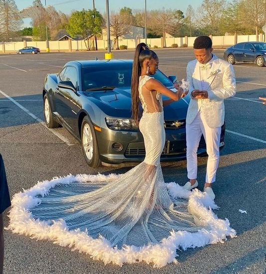 Vestidos de baile de penas para meninas negras, com contas, vestidos de festa de sereia africanos, com lantejoulas