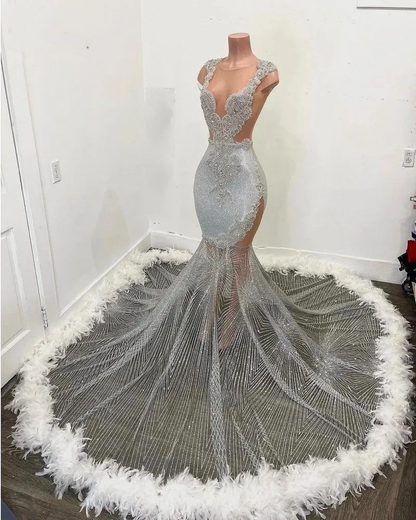 Black Girls Feathers Prom Dresses Beading African Women Mermaid Party Gowns Sequin Evening Dress