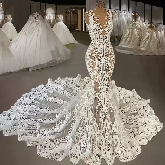 Vestidos de novia de sirena con encaje Iovry sexy, cuello joya transparente y apliques, vestidos de novia de fiesta campestre 