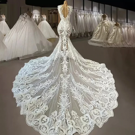 Vestidos de novia de sirena con encaje Iovry sexy, cuello joya transparente y apliques, vestidos de novia de fiesta campestre 