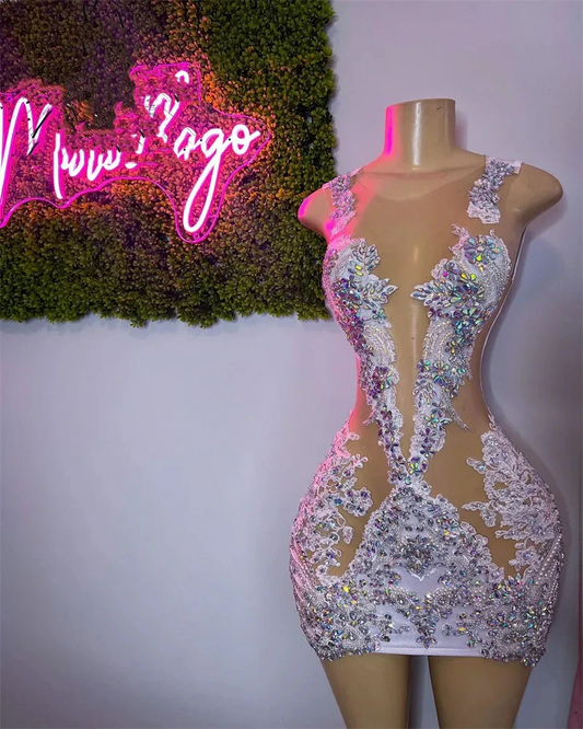 Vestido curto de baile sexy e transparente com decote redondo para meninas negras, vestidos de festa de aniversário com cristais e contas, mini vestido de coquetel estilo sereia