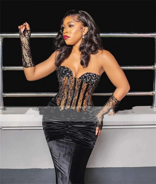 Vestidos de noite sereia de veludo preto, vestidos formais africanos, vestido de baile com contas, elegante