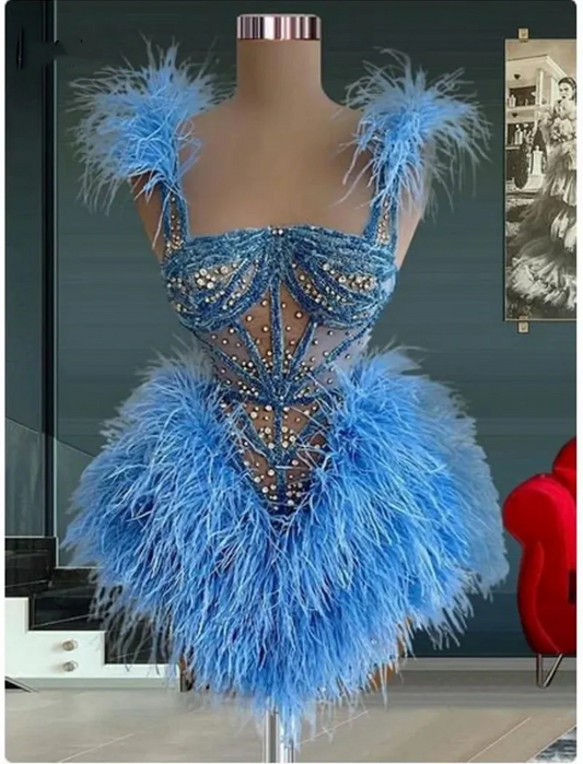 Vestido de fiesta corto de lujo con plumas azules y cuentas de cristal para mujer, vestido de cóctel de noche. 